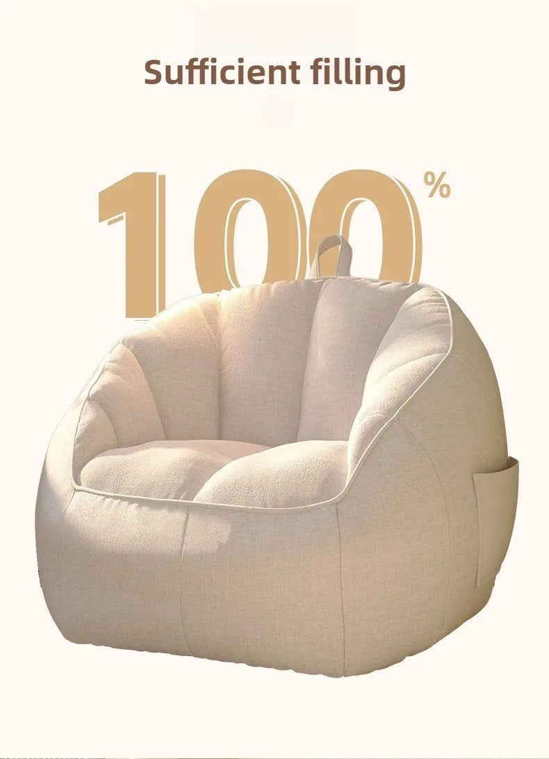 Beige bean bag chair with text 'Sufficient filling 100%' on a beige background