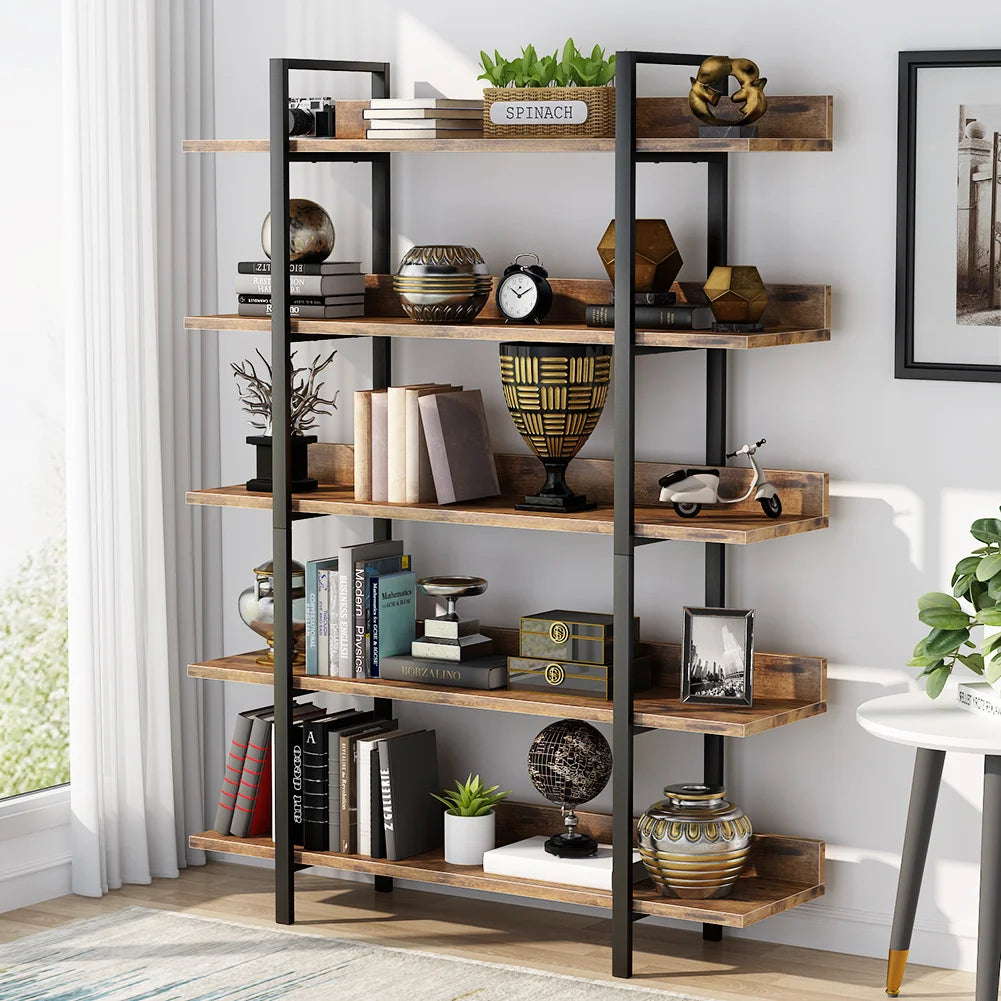 5-Tier Industrial Bookshelf – Tall Storage Rack with Metal Frame and Back Baffle