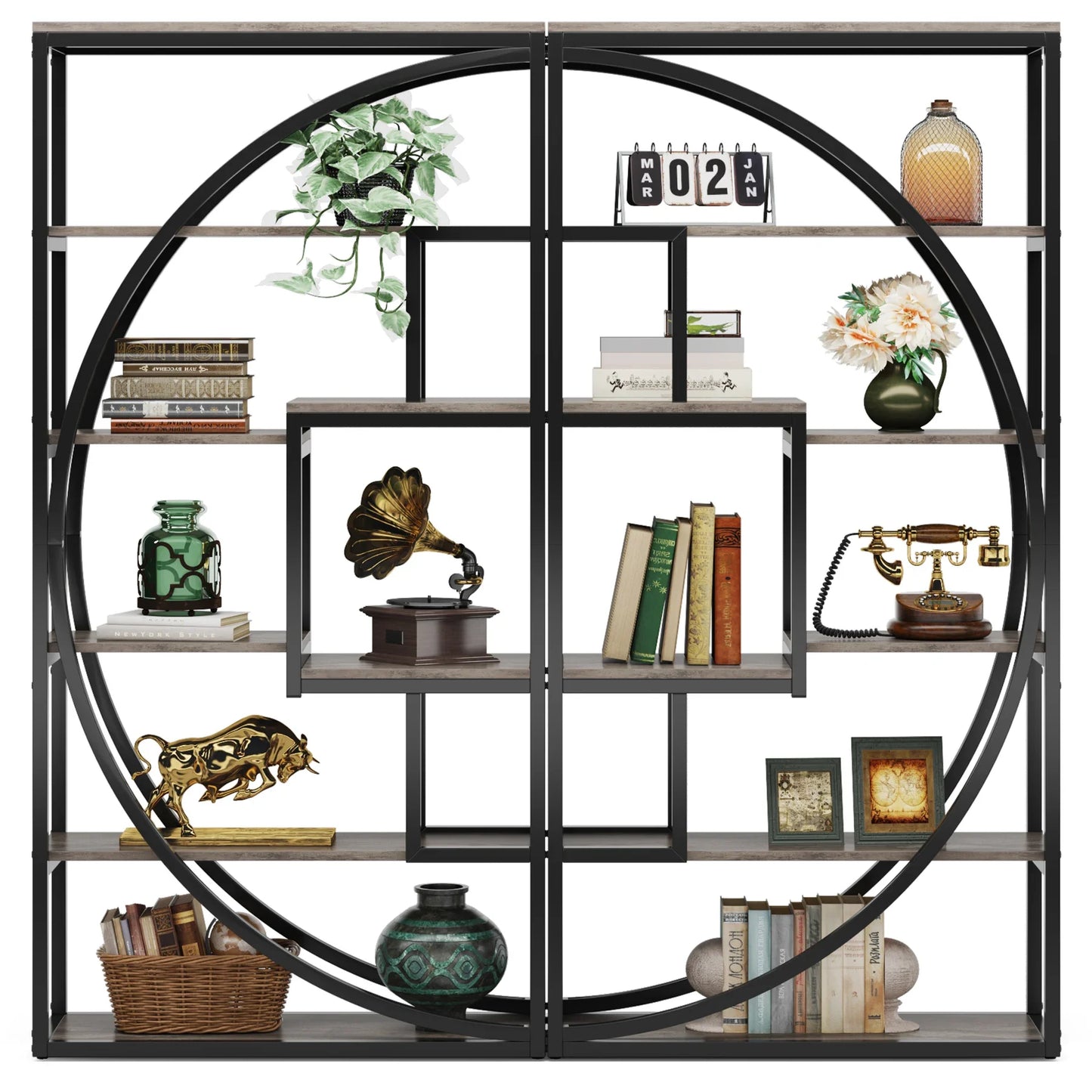 70.8-Inch Industrial Geometric Bookshelf – Tall 5-Tier Etagere with 8 Open Shelves