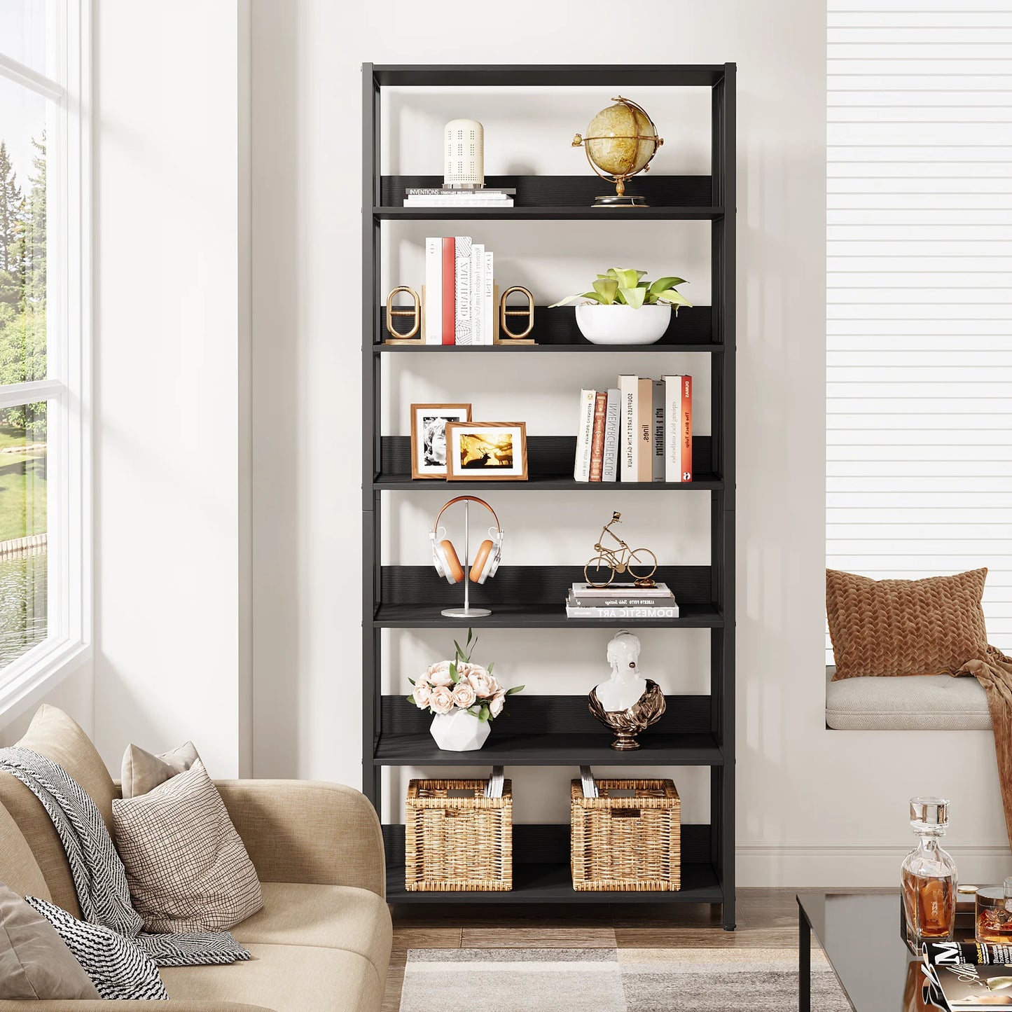 5-Tier Industrial Bookshelf – Tall Storage Rack with Metal Frame and Back Baffle