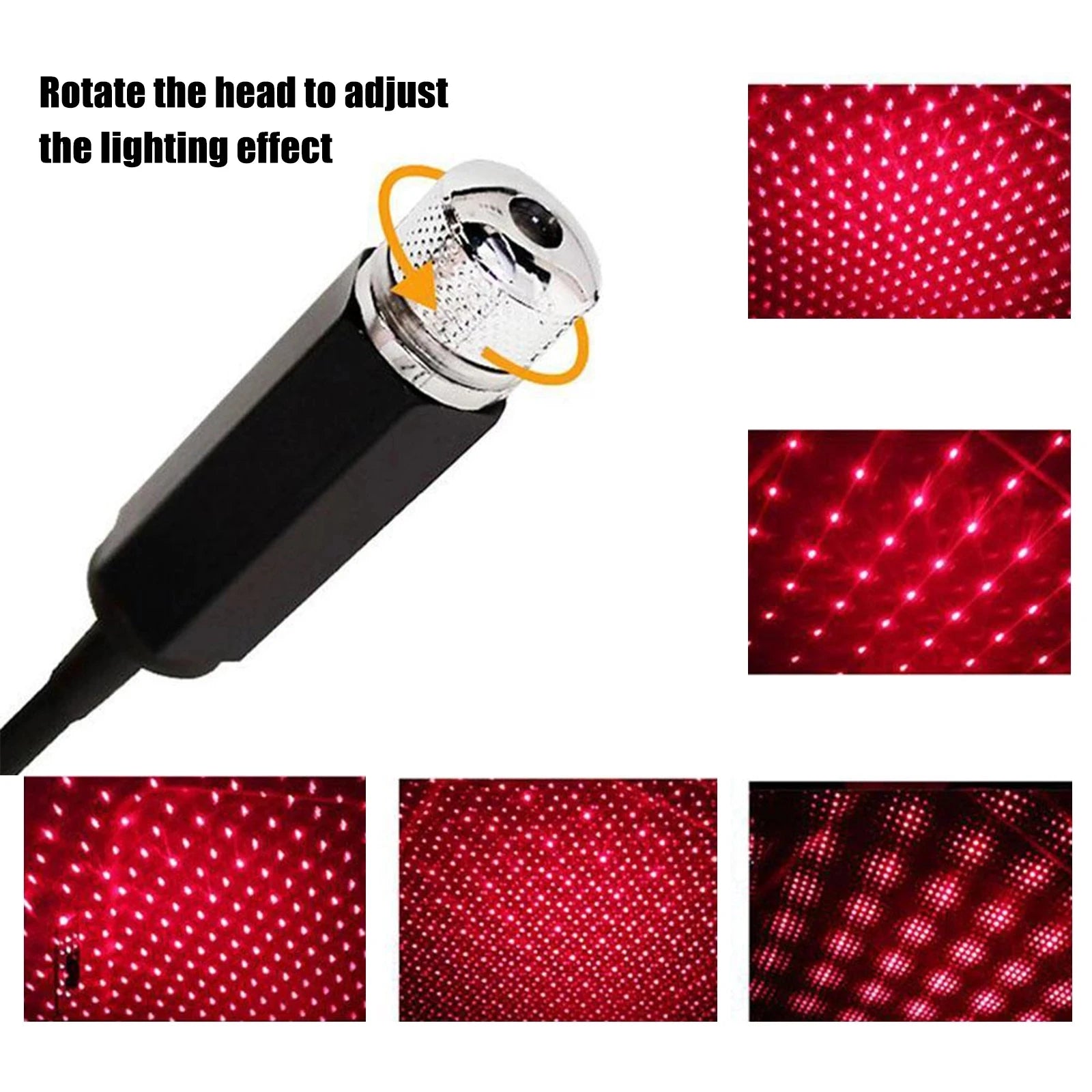 Light effect device with adjustable head and examples of red light patterns.