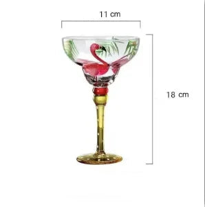 Decorative glass with flamingo design and measurements on a white background