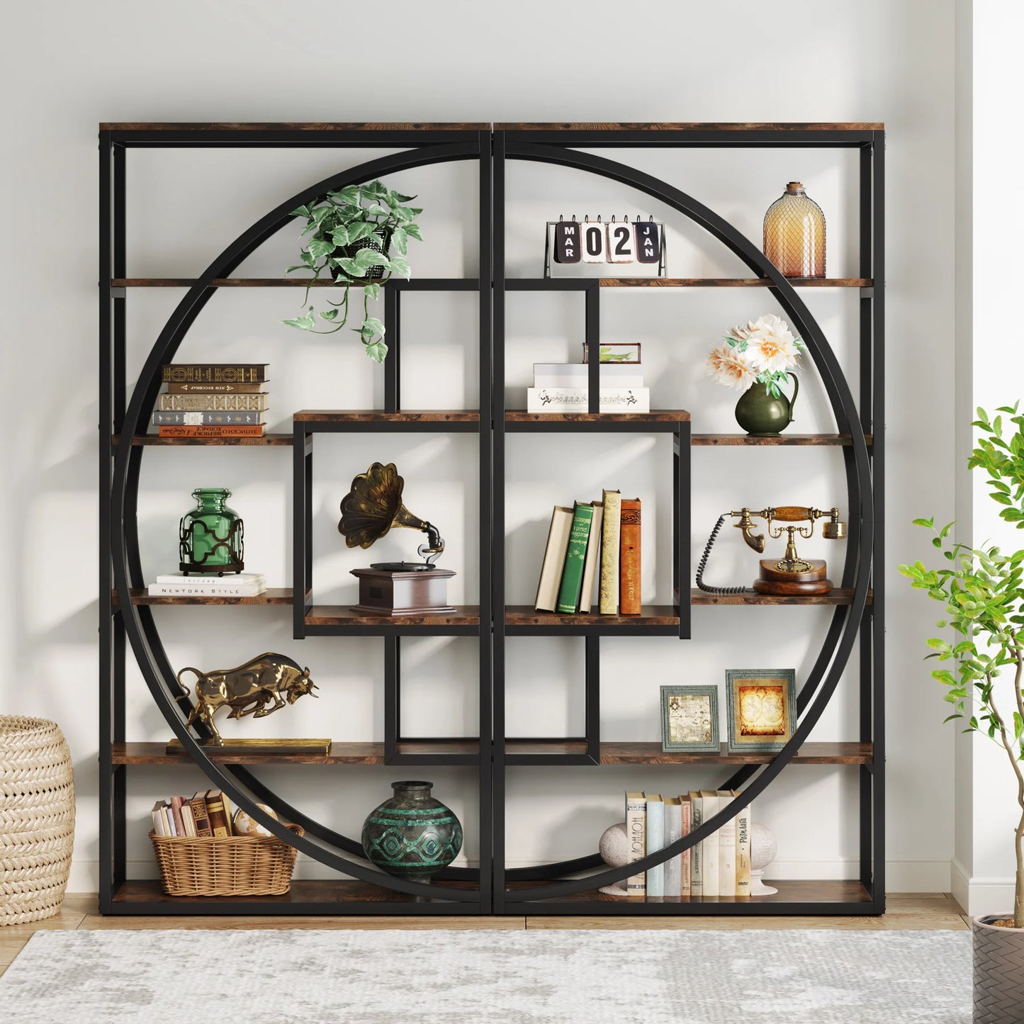 70.8-Inch Industrial Geometric Bookshelf – Tall 5-Tier Etagere with 8 Open Shelves