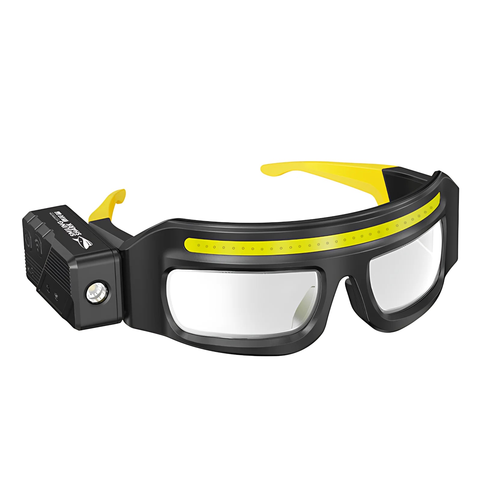 Black safety goggles with yellow accents on a white background