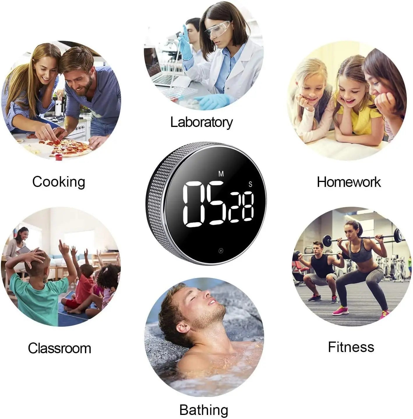 Digital clock with various scenes around it labeled as Laboratory, Homework, Cooking, Classroom, Fitness, and Bathing.