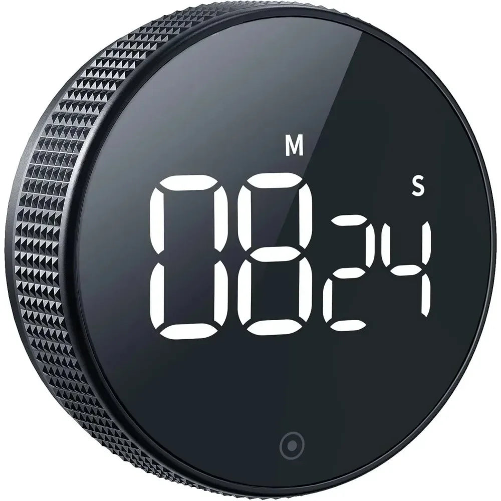 Black digital timer with digital display on a white background