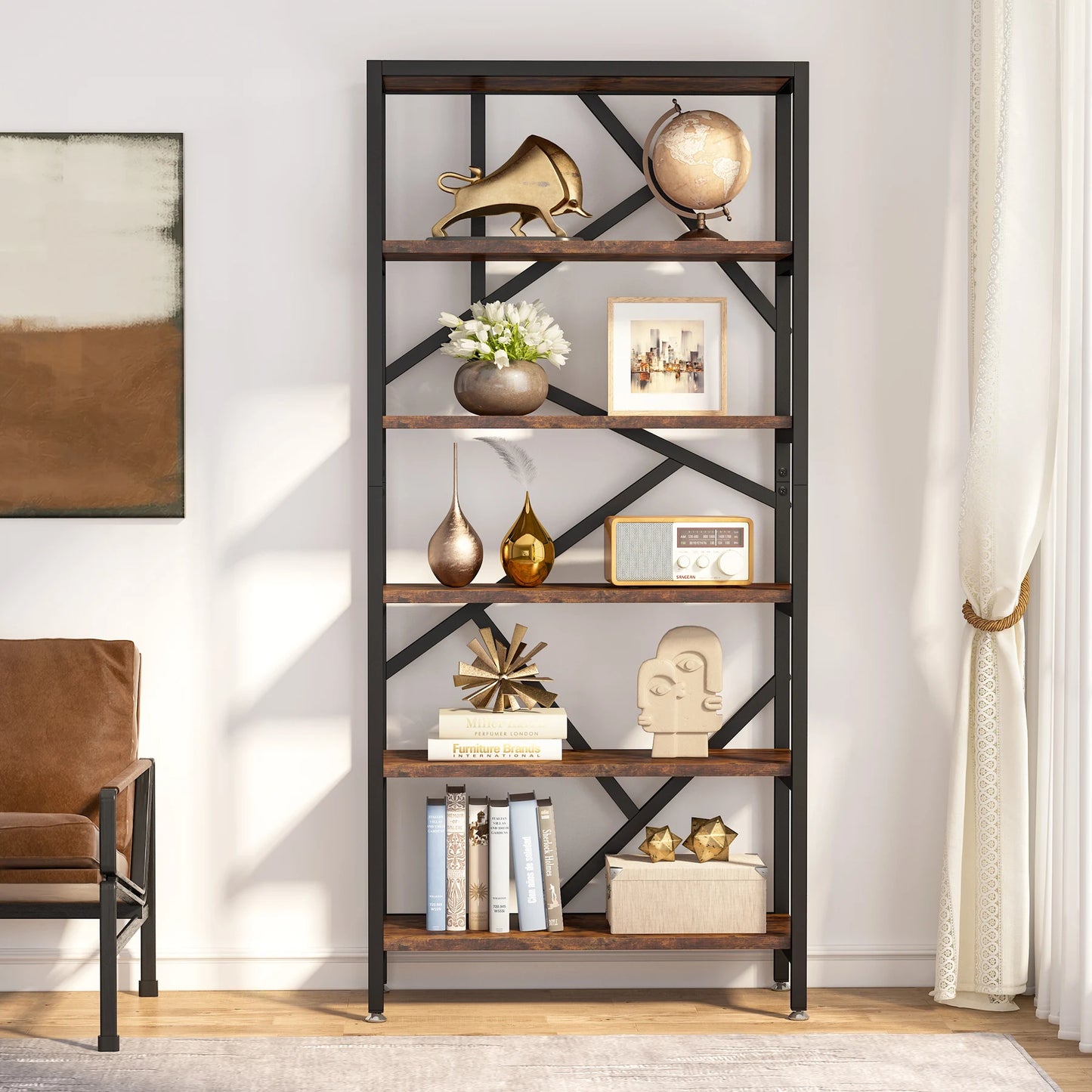 5-Tier Industrial Bookshelf – Tall Storage Rack with Metal Frame and Back Baffle