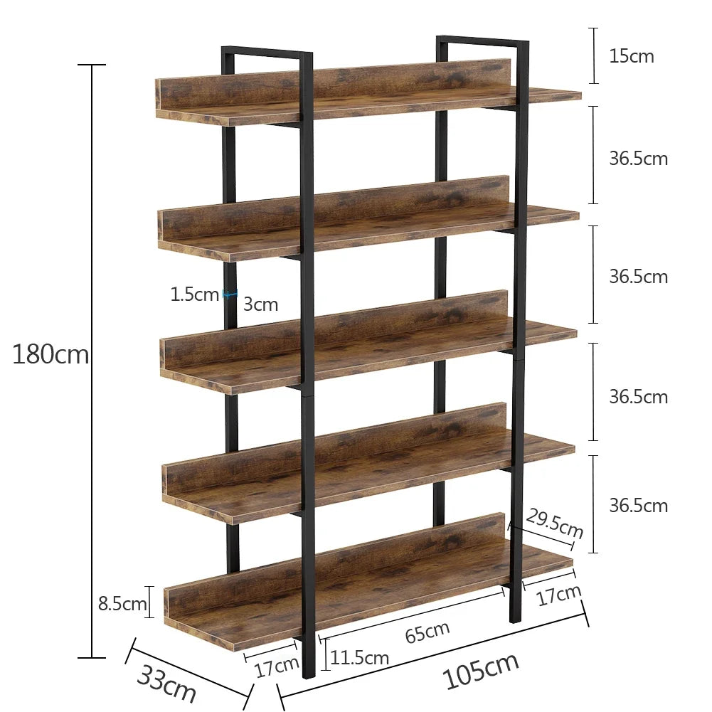 5-Tier Industrial Bookshelf – Tall Storage Rack with Metal Frame and Back Baffle