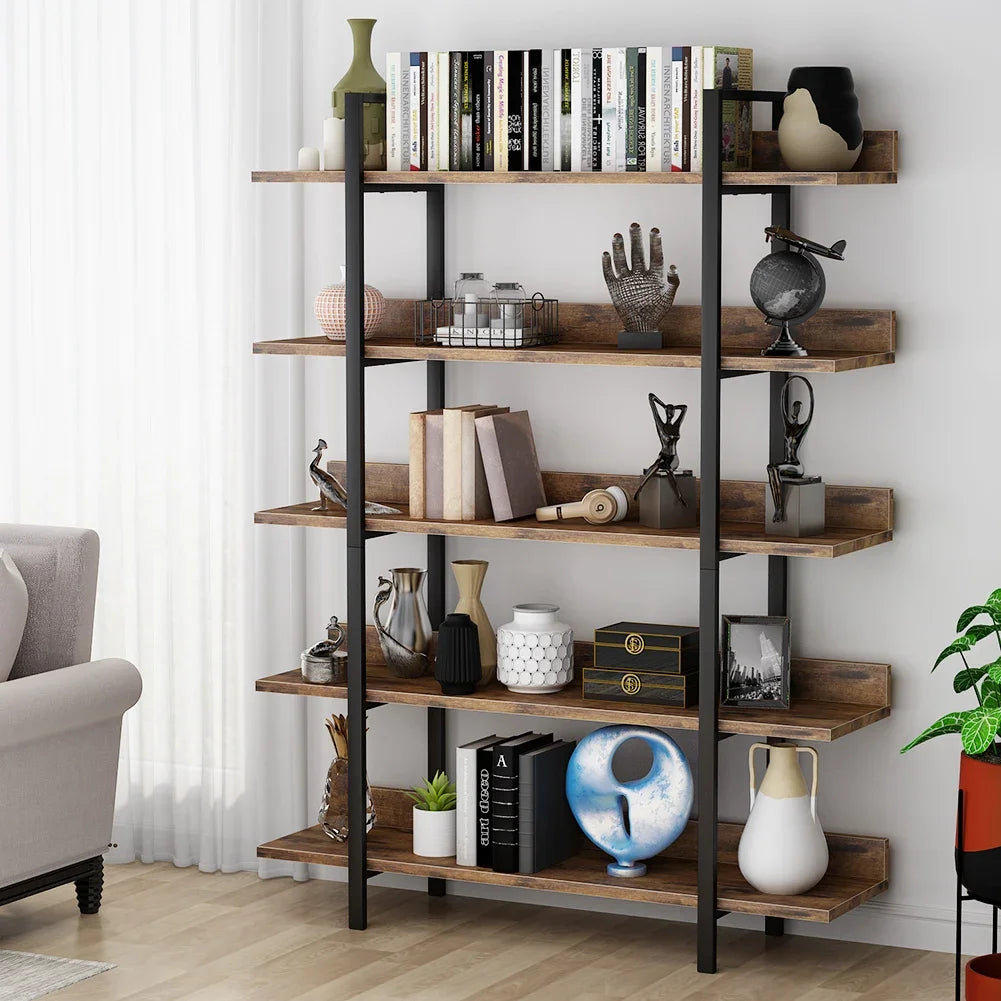 5-Tier Industrial Bookshelf – Tall Storage Rack with Metal Frame and Back Baffle