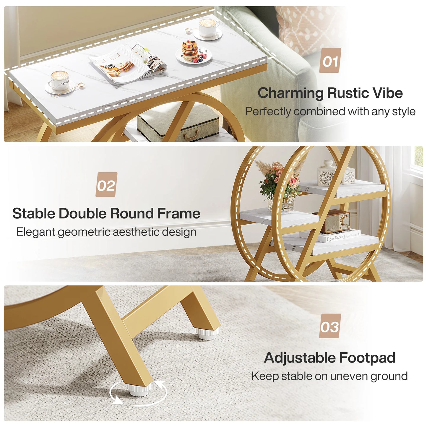 Modern Wooden Narrow End Table with Storage – Three-Tier Side Table with Metal Frame