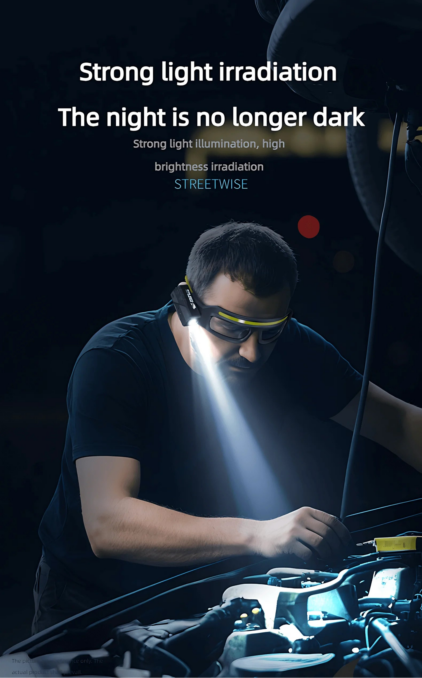 Person using a flashlight to inspect vehicle engine with text about strong light irradiation.