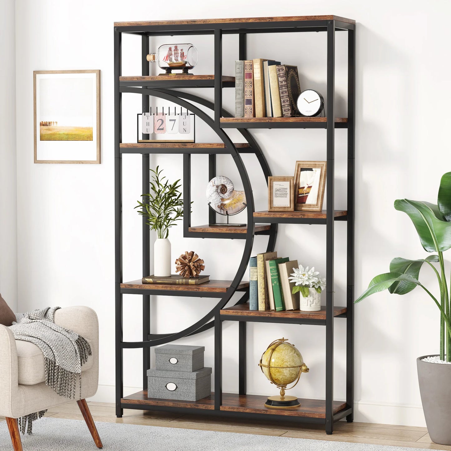 Industrial 5-Tier Etagere Bookshelf – Tall Open Display Shelf with Metal Frame