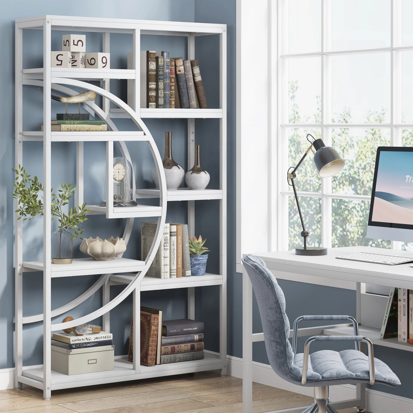 Industrial 5-Tier Etagere Bookshelf – Tall Open Display Shelf with Metal Frame