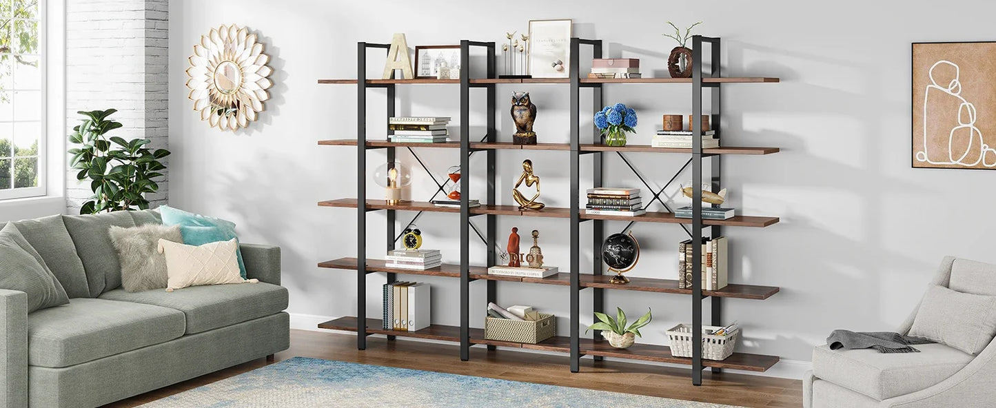 Vintage Industrial 5-Tier Bookshelf – Wide Metal and Wood Bookcase for Storage and Display