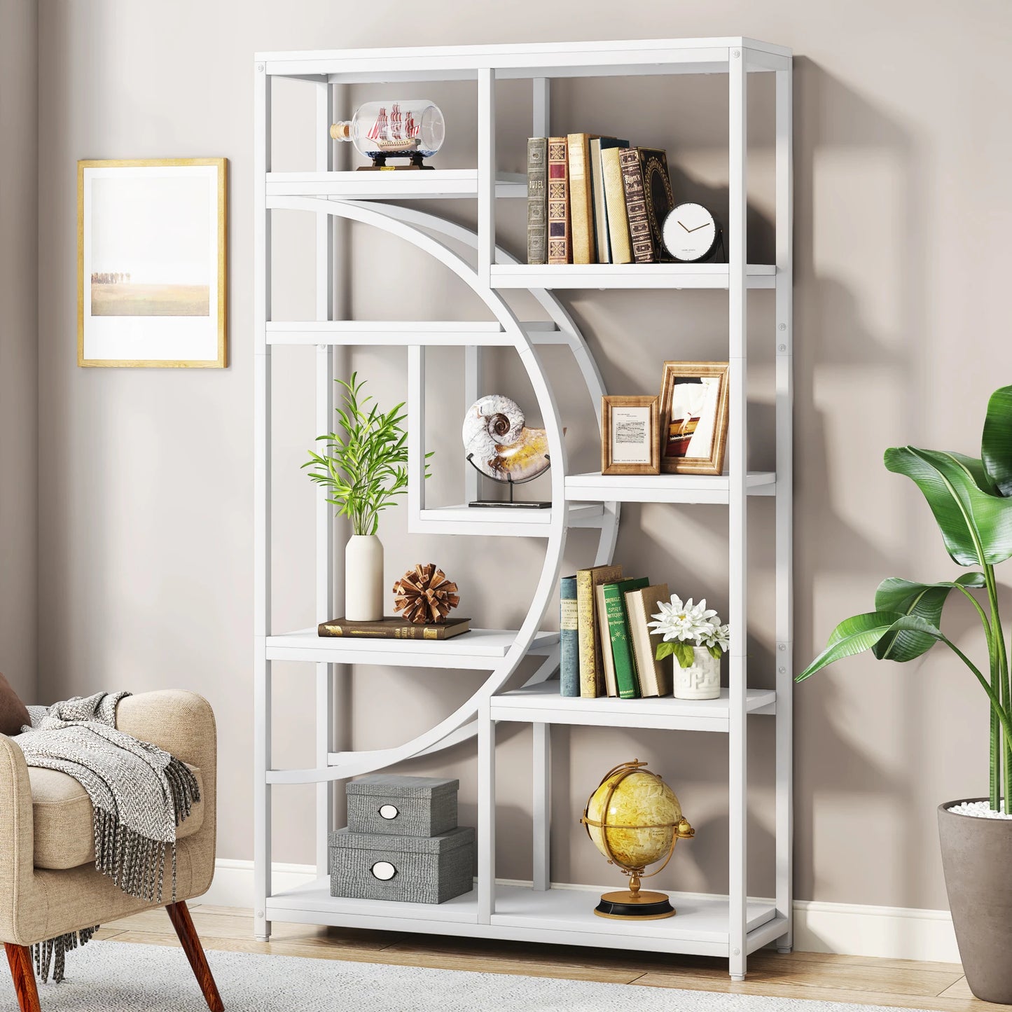 Industrial 5-Tier Etagere Bookshelf – Tall Open Display Shelf with Metal Frame