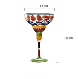 Decorative glass with colorful design and measurements on a white background