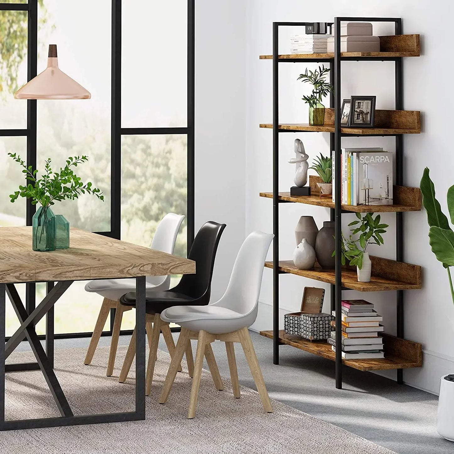 5-Tier Industrial Bookshelf – Tall Storage Rack with Metal Frame and Back Baffle