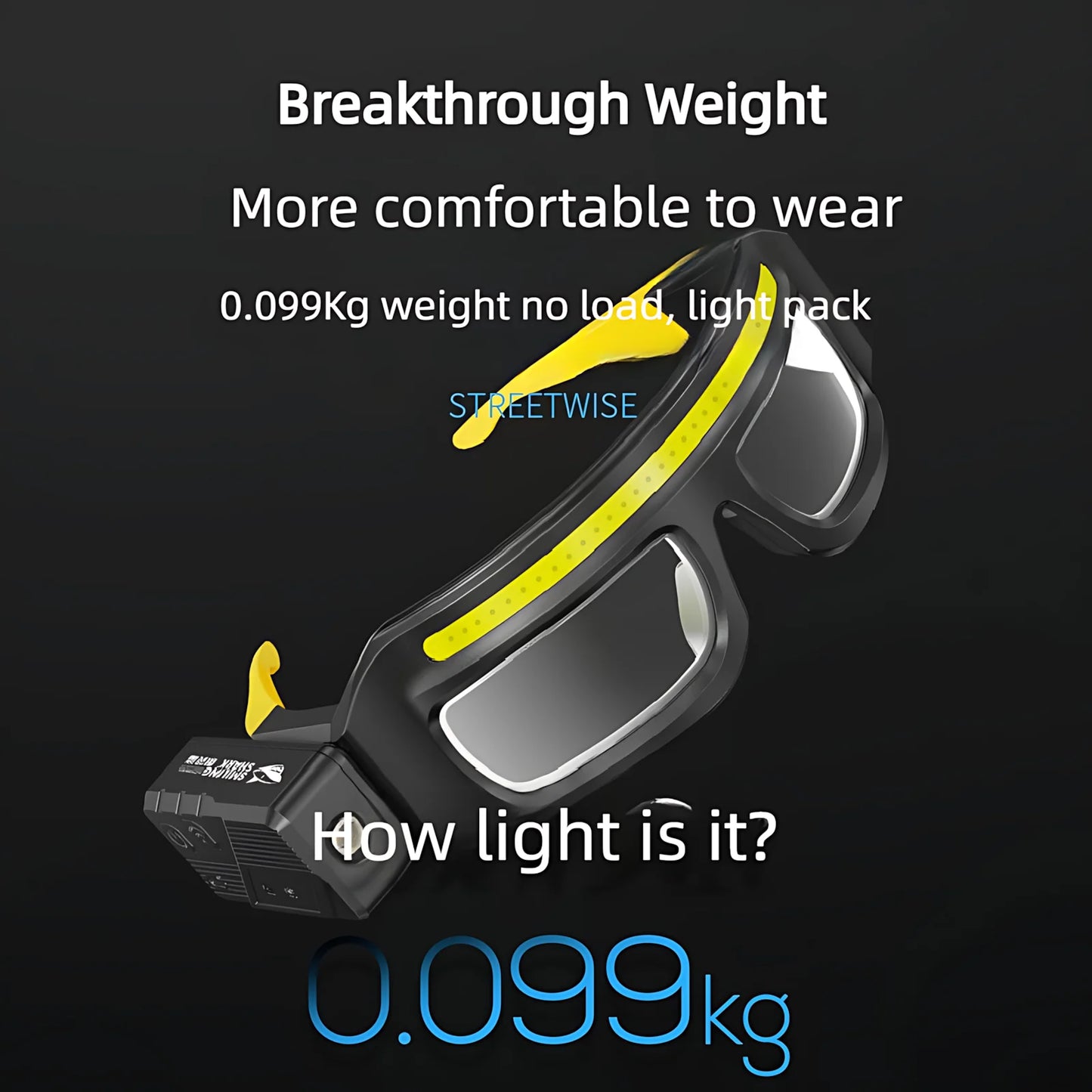 Black and yellow safety goggles with weight information on a dark background