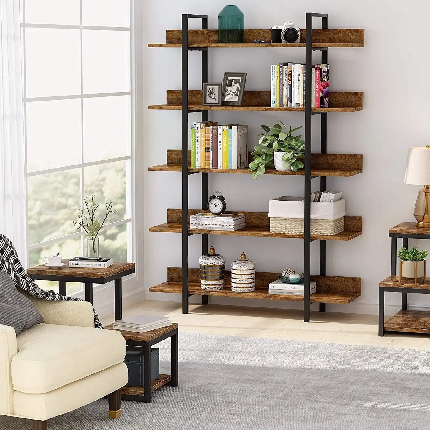 5-Tier Industrial Bookshelf – Tall Storage Rack with Metal Frame and Back Baffle