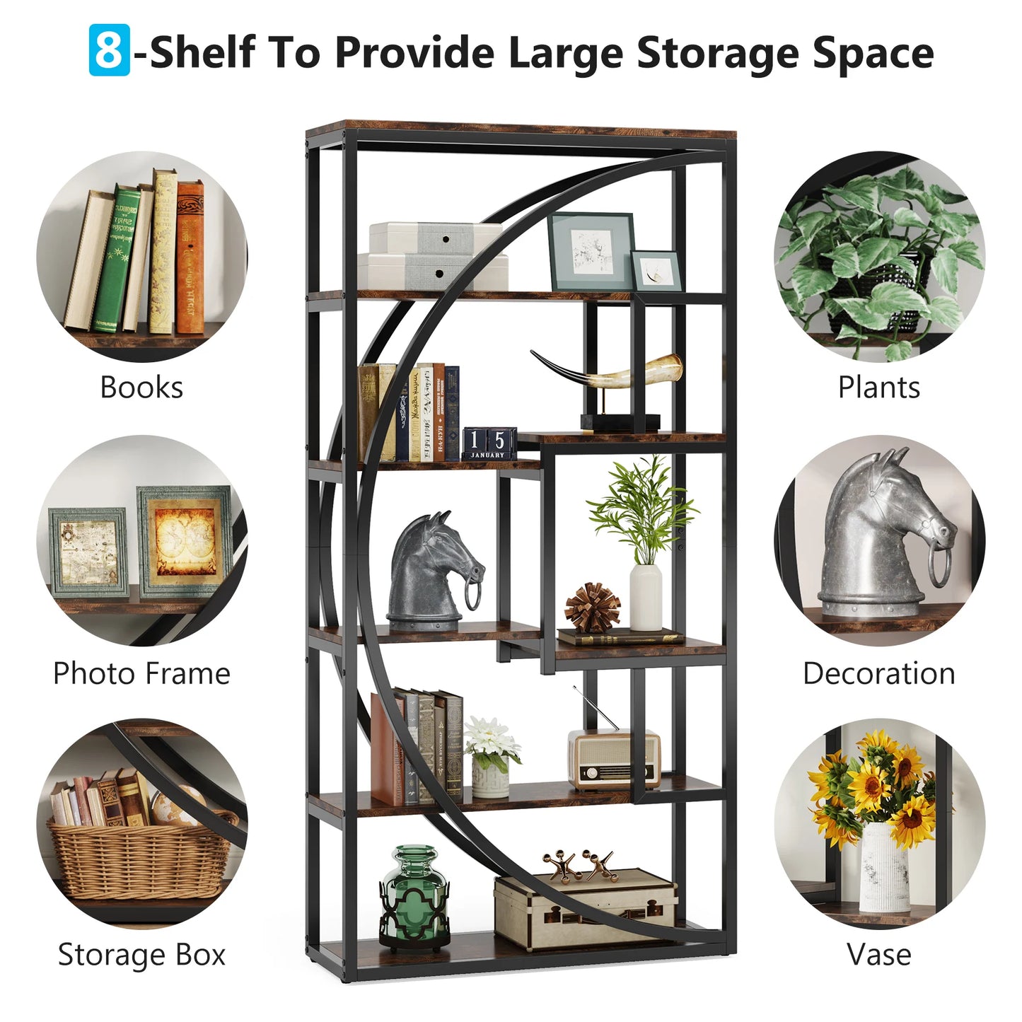 70.8-Inch Industrial Geometric Bookshelf – Tall 5-Tier Etagere with 8 Open Shelves
