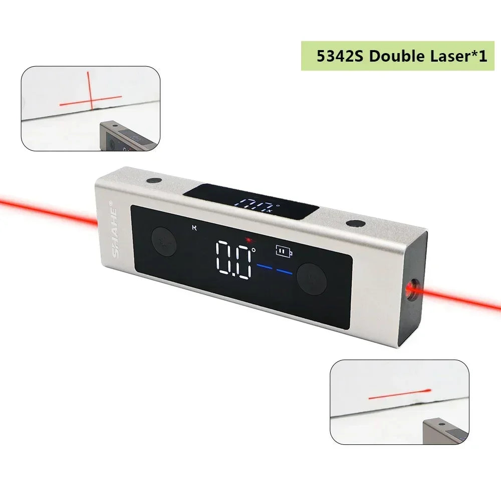 Digital laser level with red laser beams on a white background