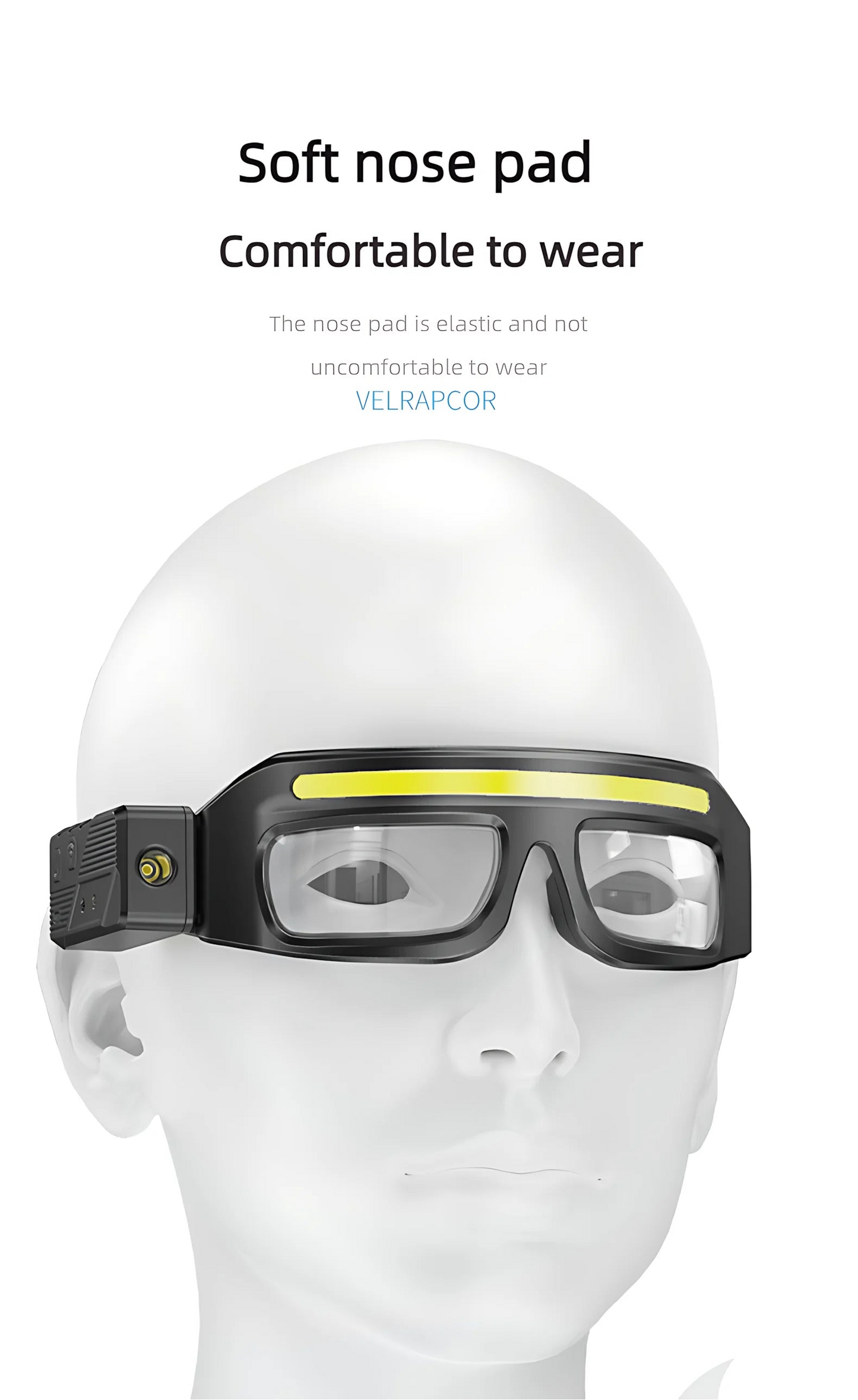Goggles with a soft nose pad on a white mannequin head, featuring Velrapor branding.