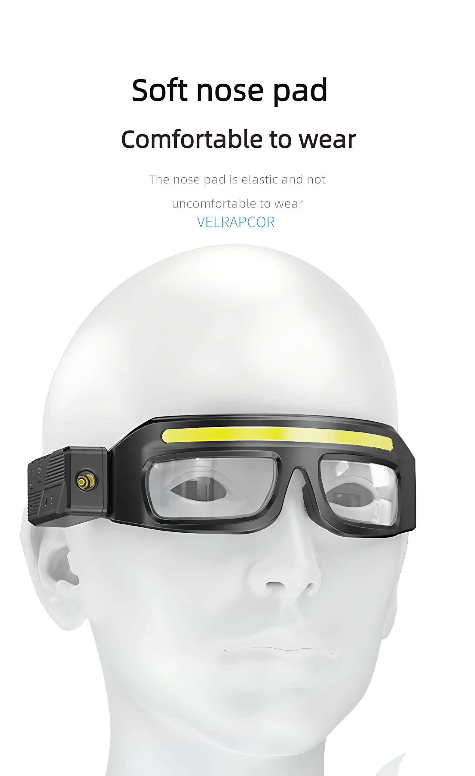 Goggles with a soft nose pad on a white mannequin head, featuring Velrapor branding.