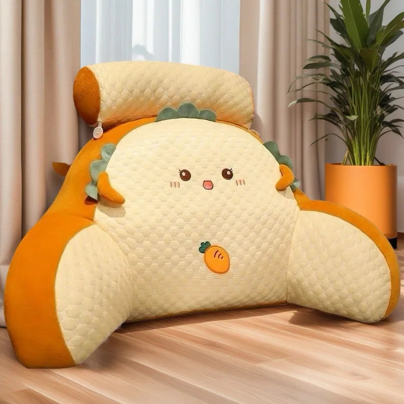Cute cartoon-style sandwich-shaped pillow on a wooden floor with a plant in the background