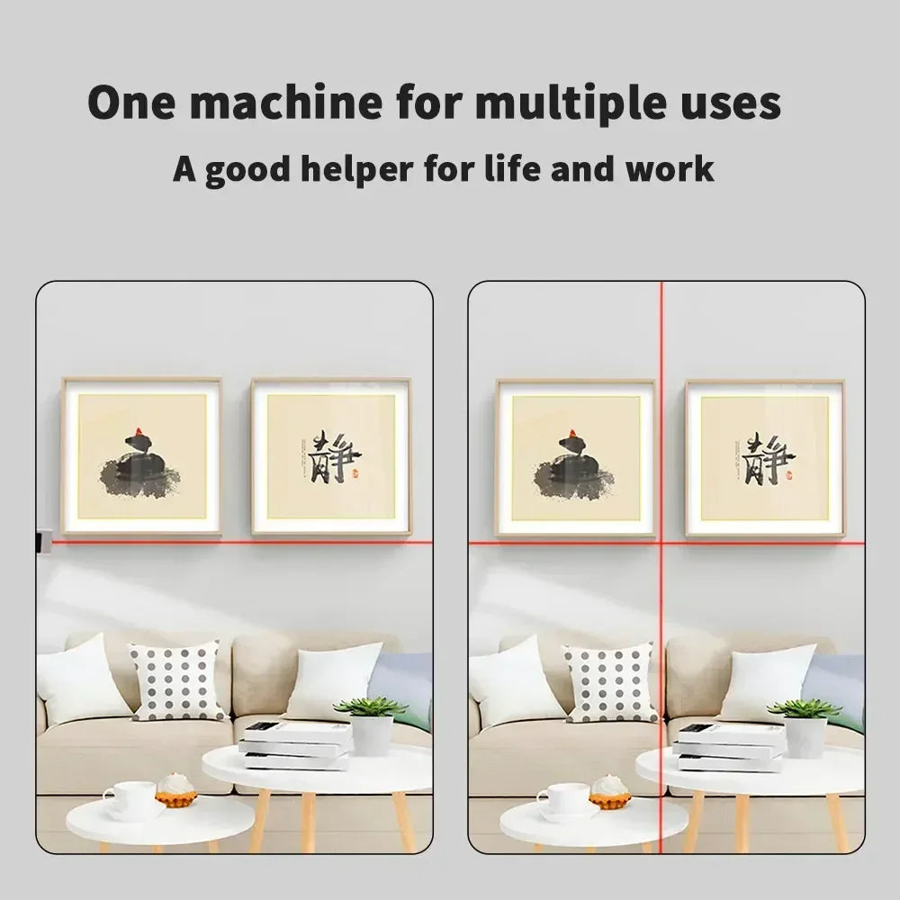 Two frames with artwork on a wall above a sofa, with text about a machine's versatility.