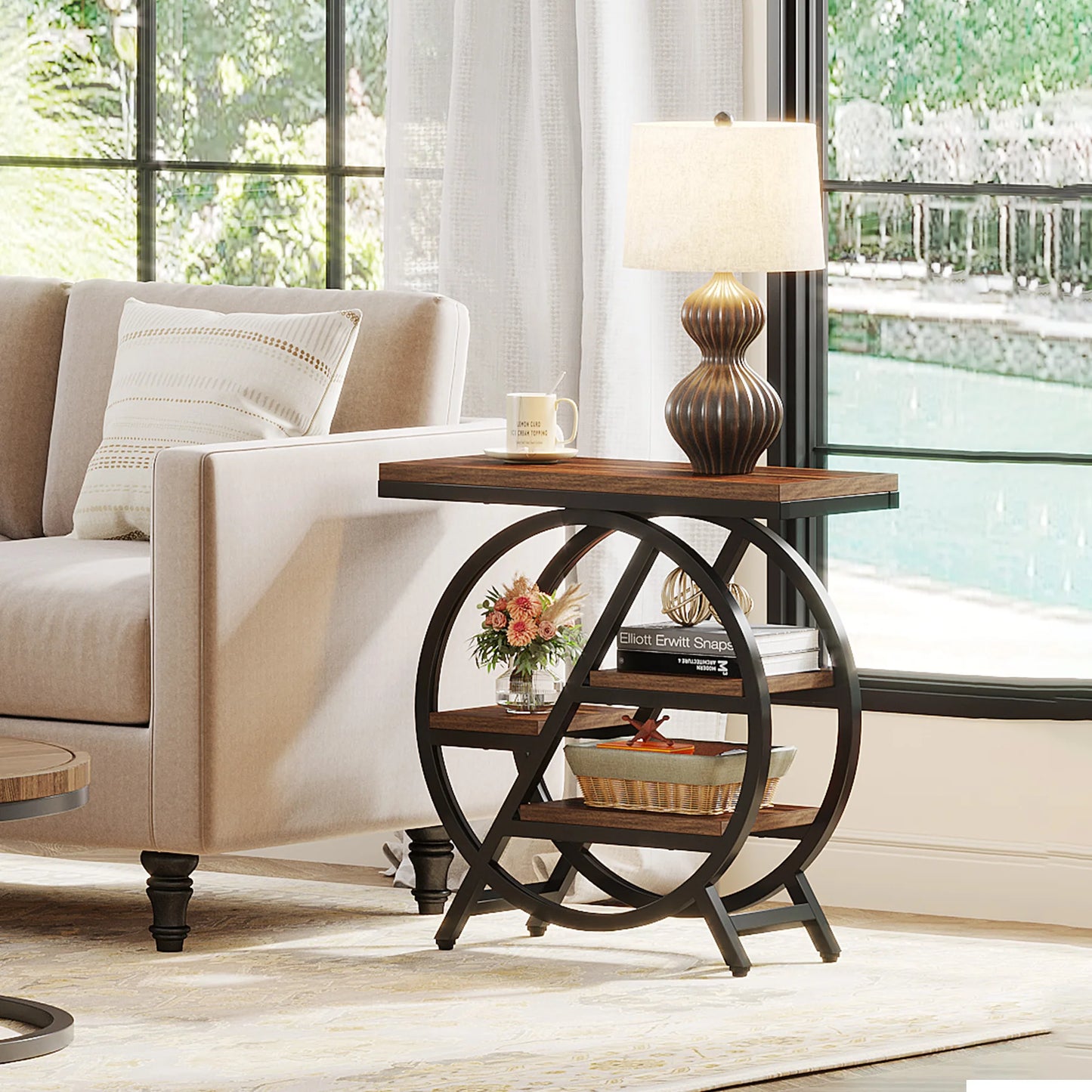 Modern Wooden Narrow End Table with Storage – Three-Tier Side Table with Metal Frame