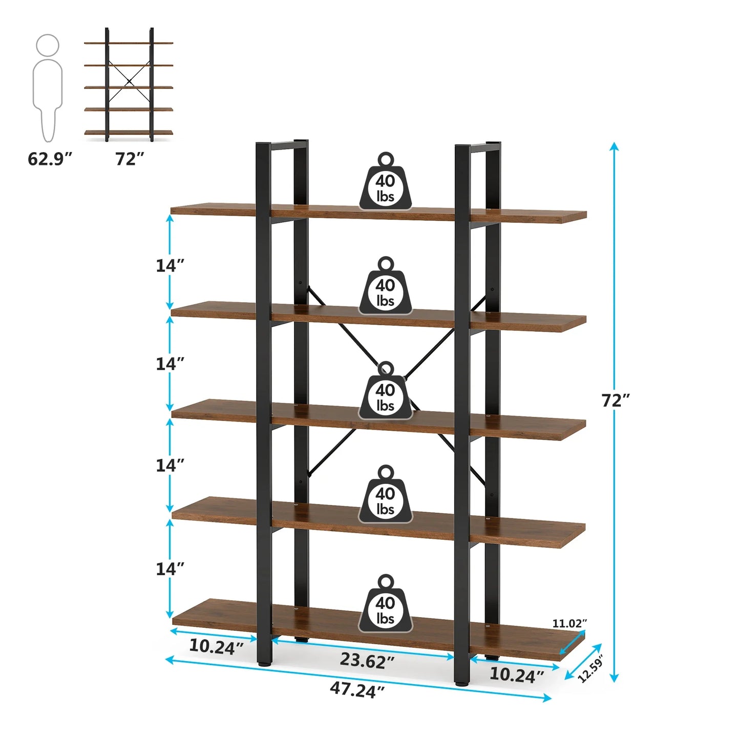 Vintage Industrial 5-Tier Bookshelf – Wide Metal and Wood Bookcase for Storage and Display