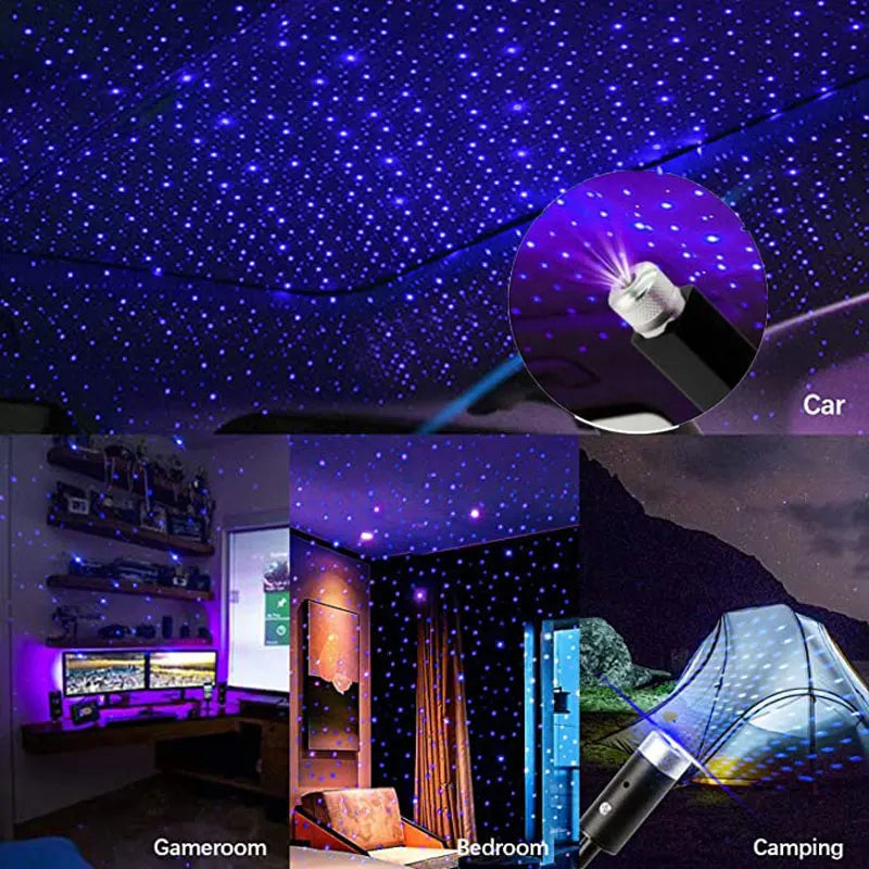 Starlight projector with ceiling projection, car application, and usage in a bedroom and camping setting.