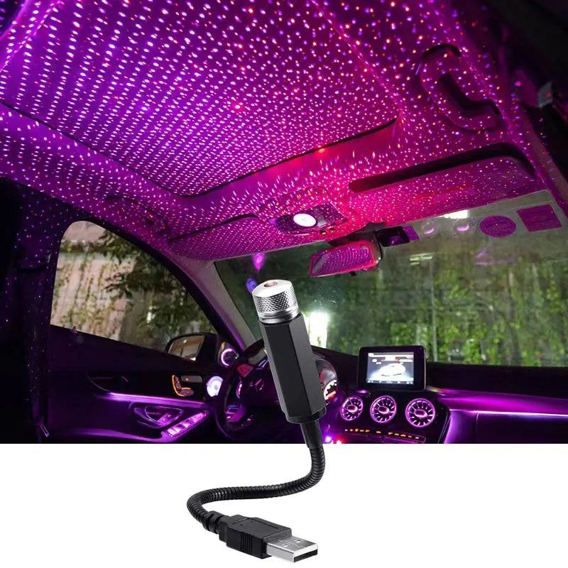 Car interior with purple LED light strip and USB adapter on a white background