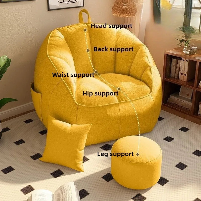 Yellow bean bag chair with labeled support points in a room setting.