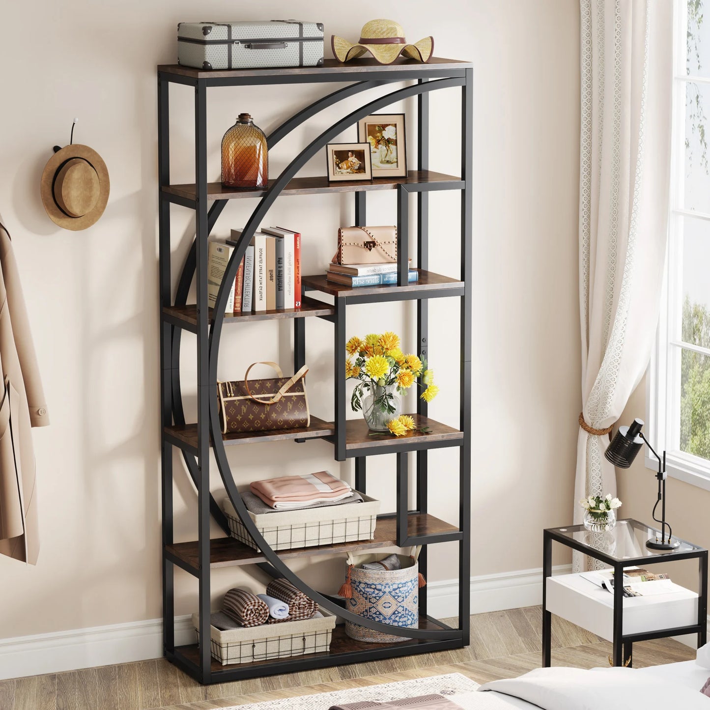 70.8-Inch Industrial Geometric Bookshelf – Tall 5-Tier Etagere with 8 Open Shelves