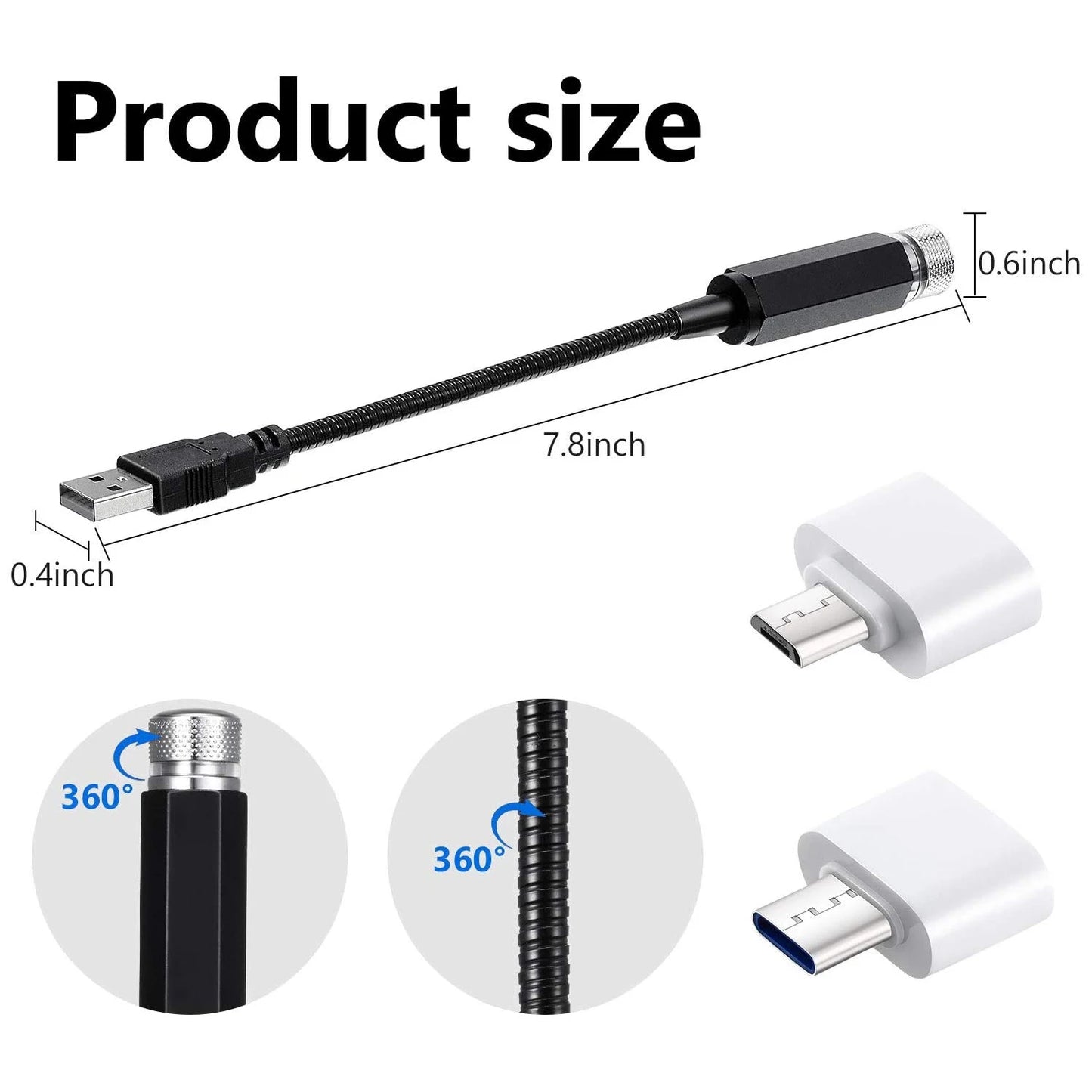 Measurement chart of a USB cable with connectors, showing dimensions and flexibility.