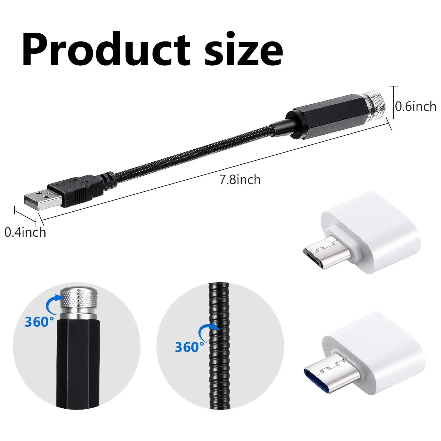 Measurement chart of a USB cable with connectors, showing dimensions and flexibility.
