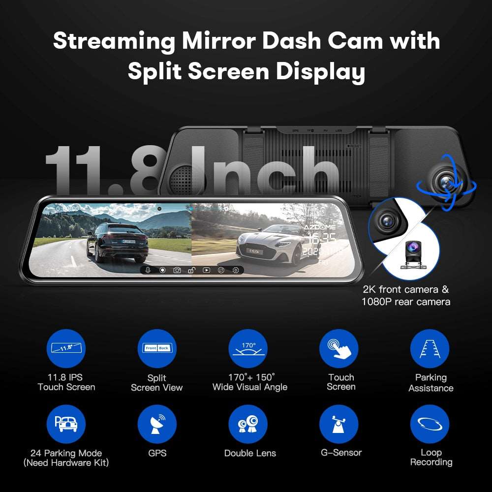 AZDOME PG17 Front and Rear Mirror Dual Dash Cam - Premium  from Shoponeer - Just $110! Shop now at Shoponeer