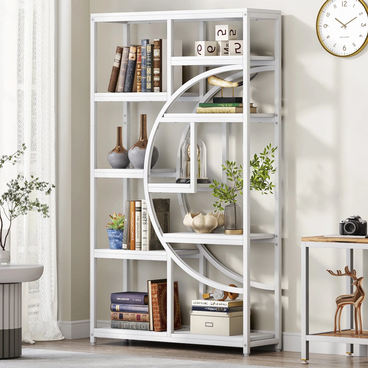 Industrial 5-Tier Etagere Bookshelf – Tall Open Display Shelf with Metal Frame