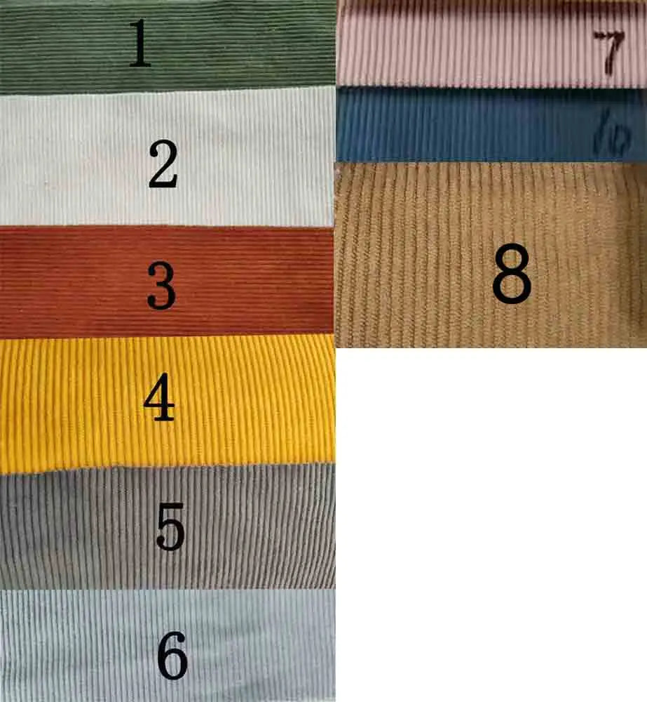 Nine ribbed knit swatches in various colours with numbers indicating their order.