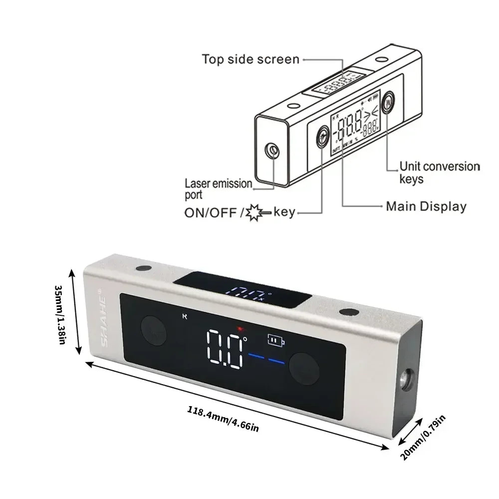 Digital device with labeled components and dimensions on a white background