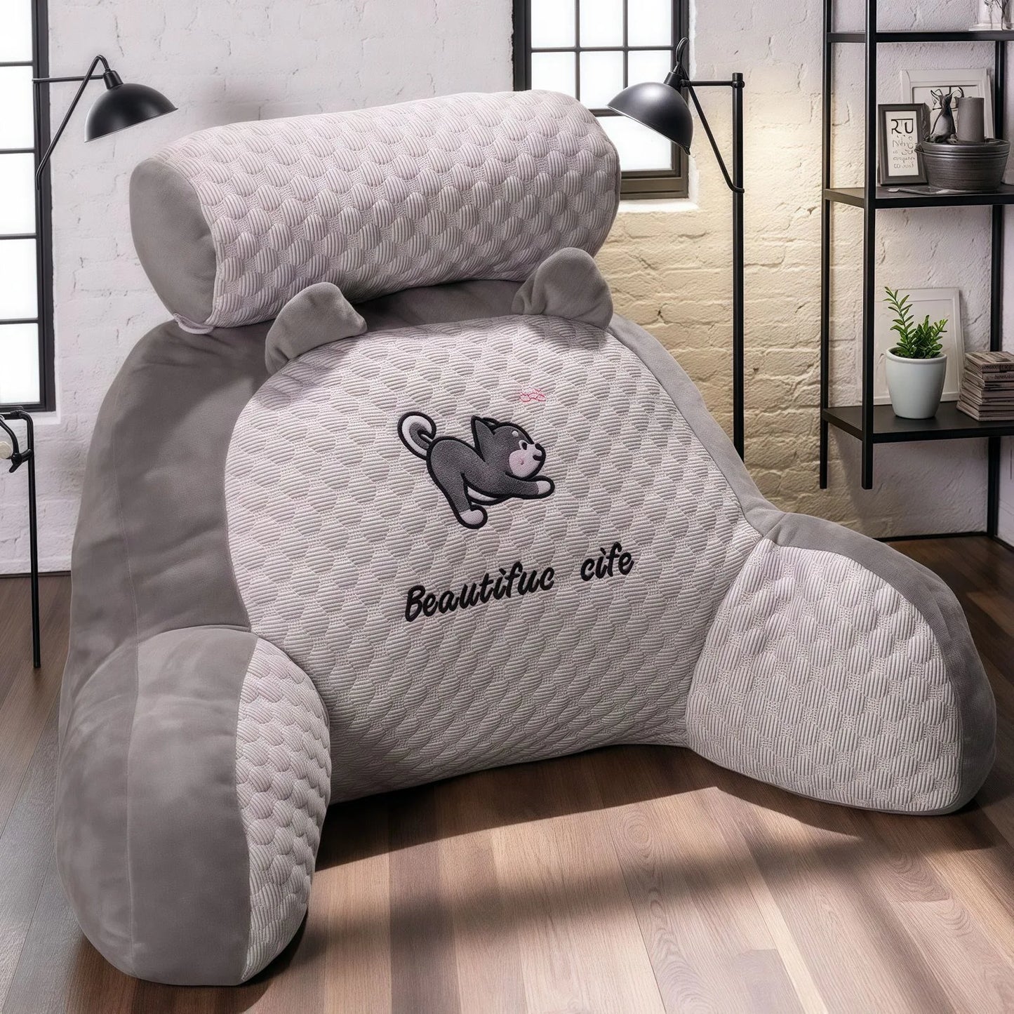 Gray backrest pillow with cat design and 'Beautiful life' text in a room setting.