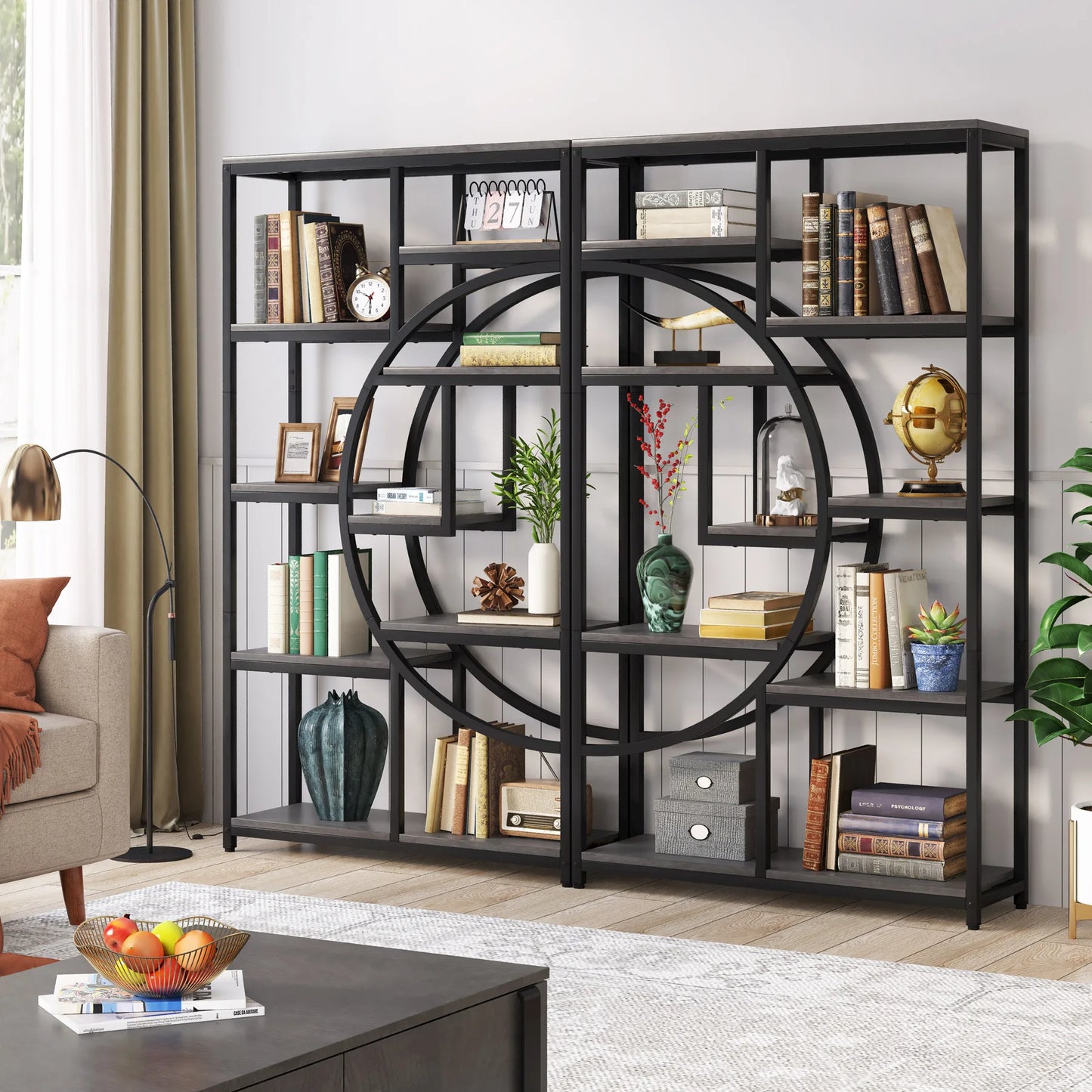 Industrial 5-Tier Etagere Bookshelf – Tall Open Display Shelf with Metal Frame