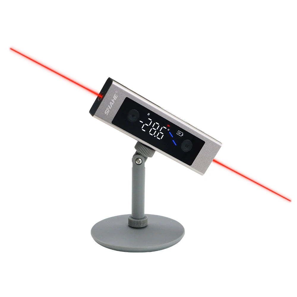 Digital display with red laser pointer on a white background