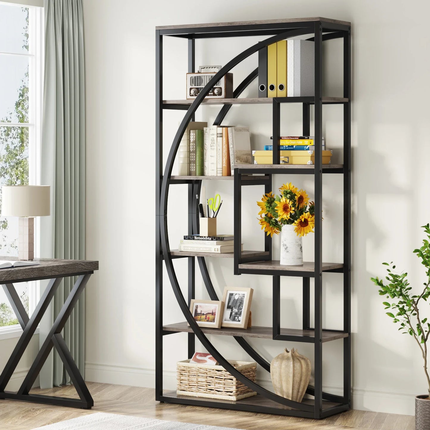 70.8-Inch Industrial Geometric Bookshelf – Tall 5-Tier Etagere with 8 Open Shelves