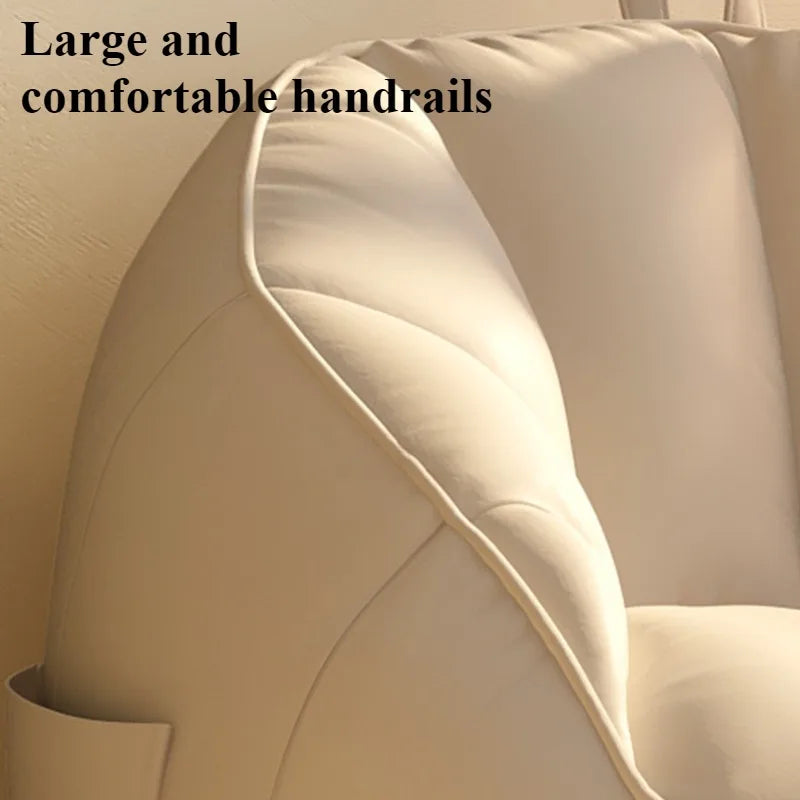 Close-up of a large, beige handrail with text 'Large and comfortable handrails'.