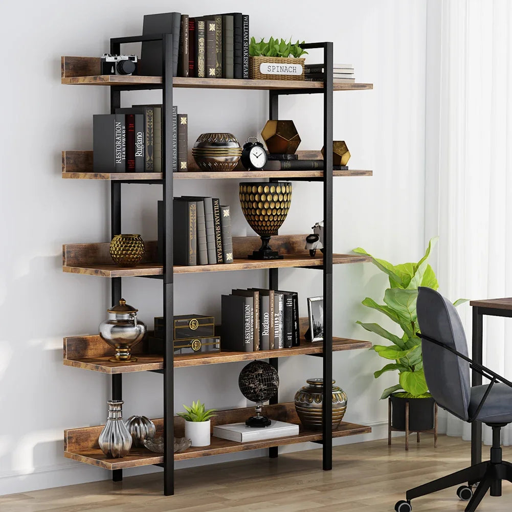 5-Tier Industrial Bookshelf – Tall Storage Rack with Metal Frame and Back Baffle
