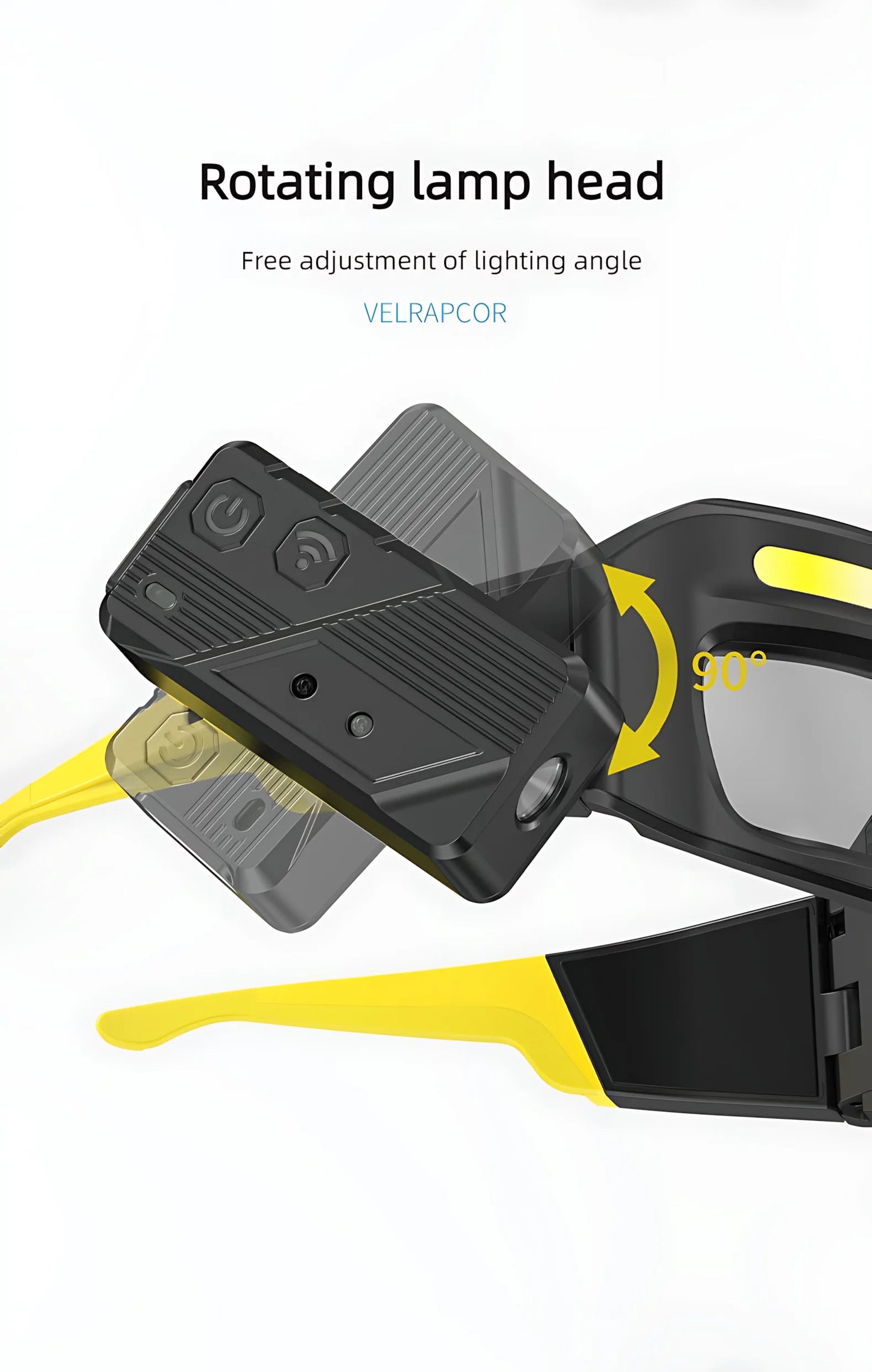Black and yellow device with rotating lamp head feature on a white background