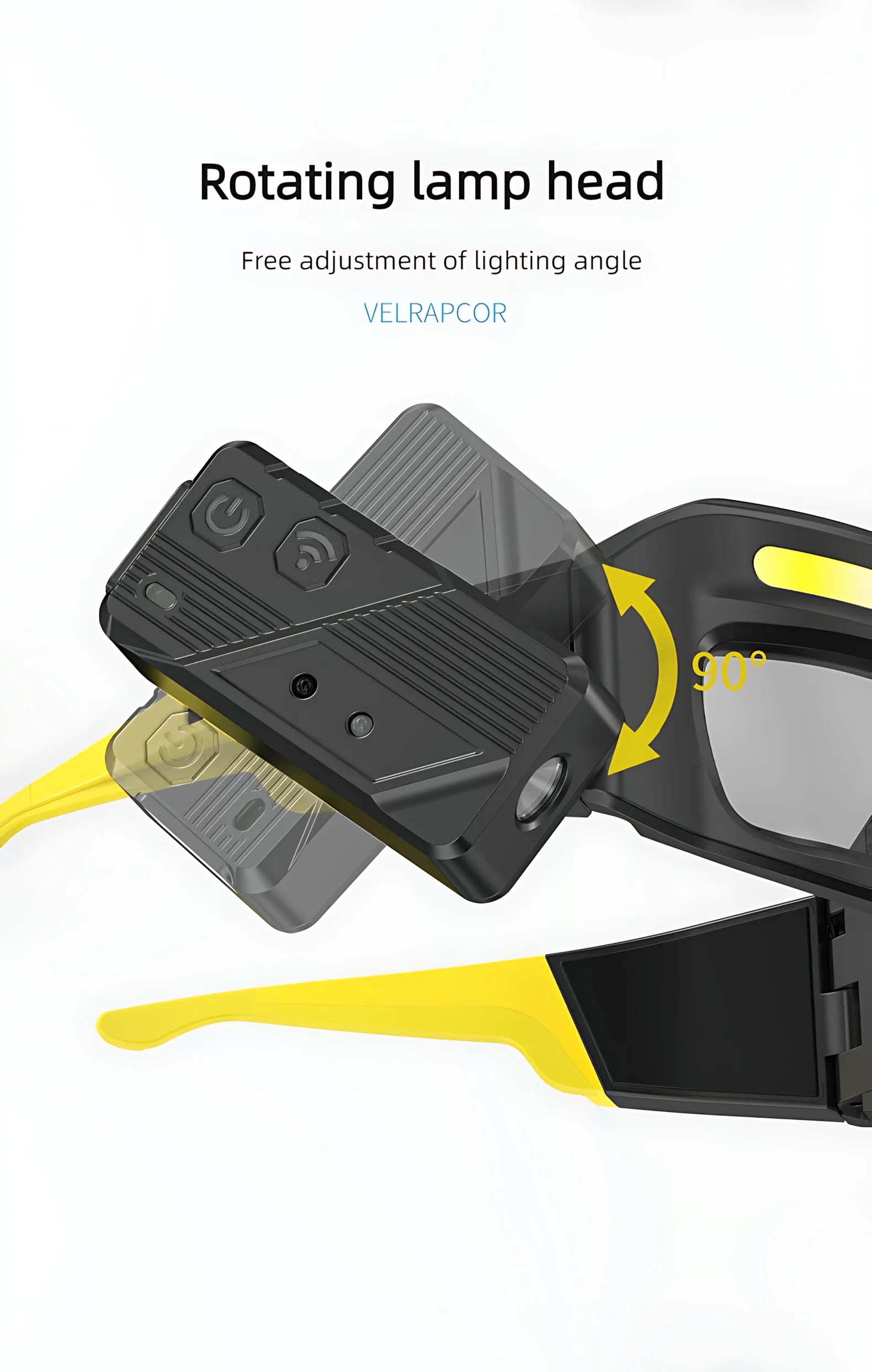 Black and yellow device with rotating lamp head feature on a white background