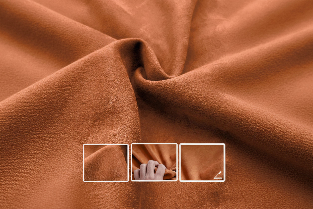 Close-up of brown fabric with text describing its properties